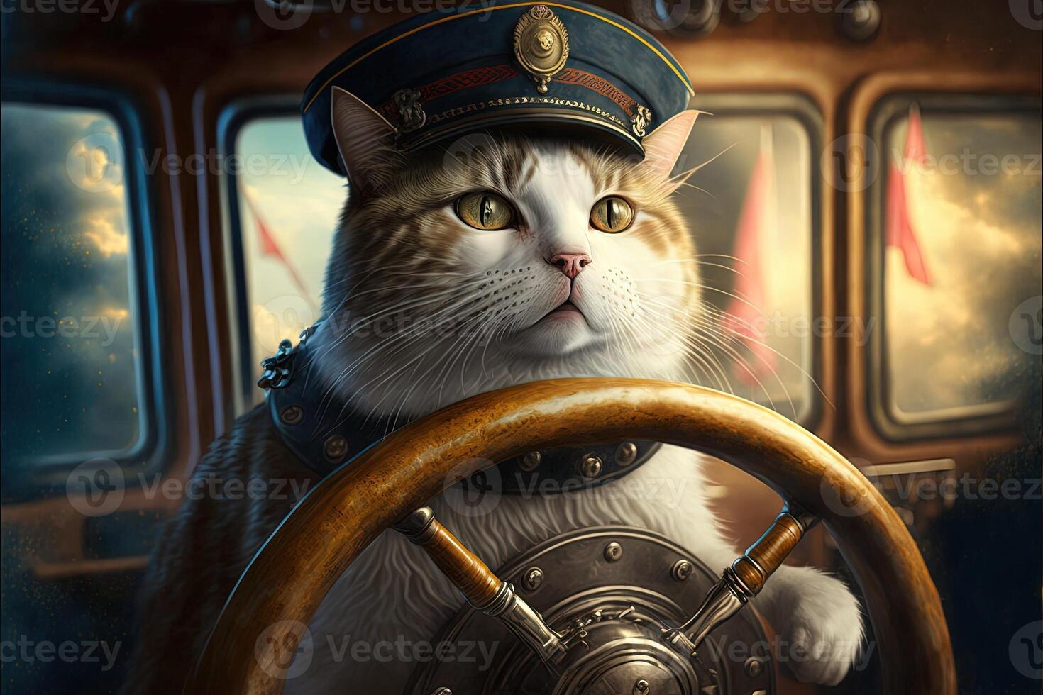 captain sailor cat on its sailboat illutsration photo