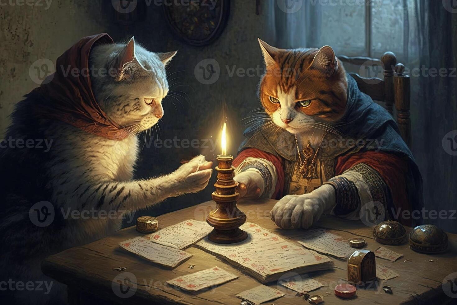 Fortune teller cat with tarot cards and candle illustration photo