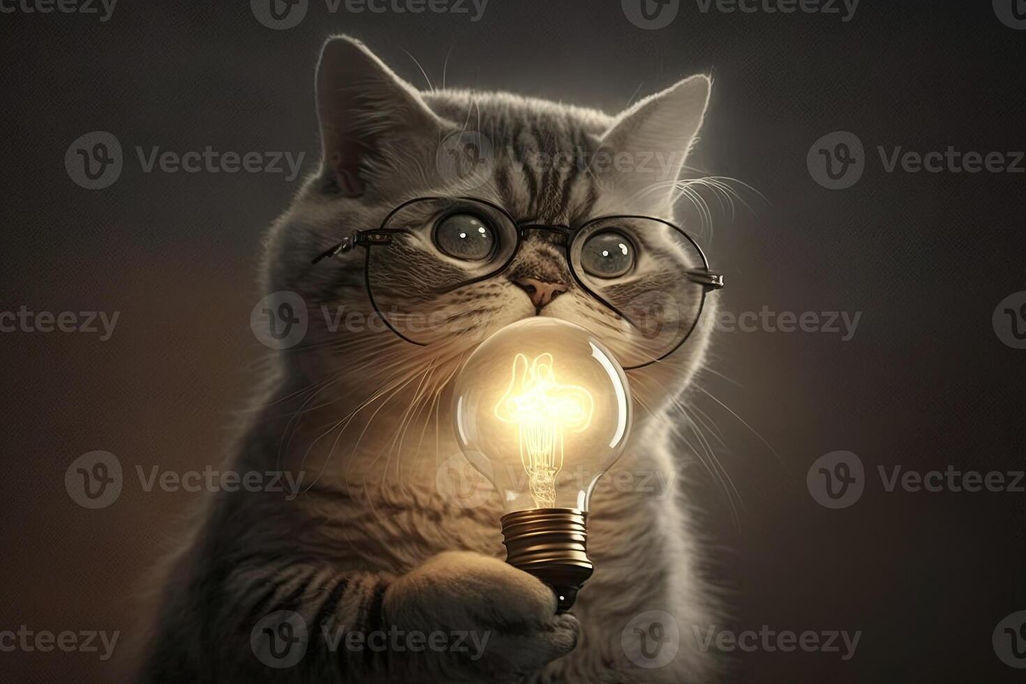 Cat genius with idea bulb lamp light above head illustration photo