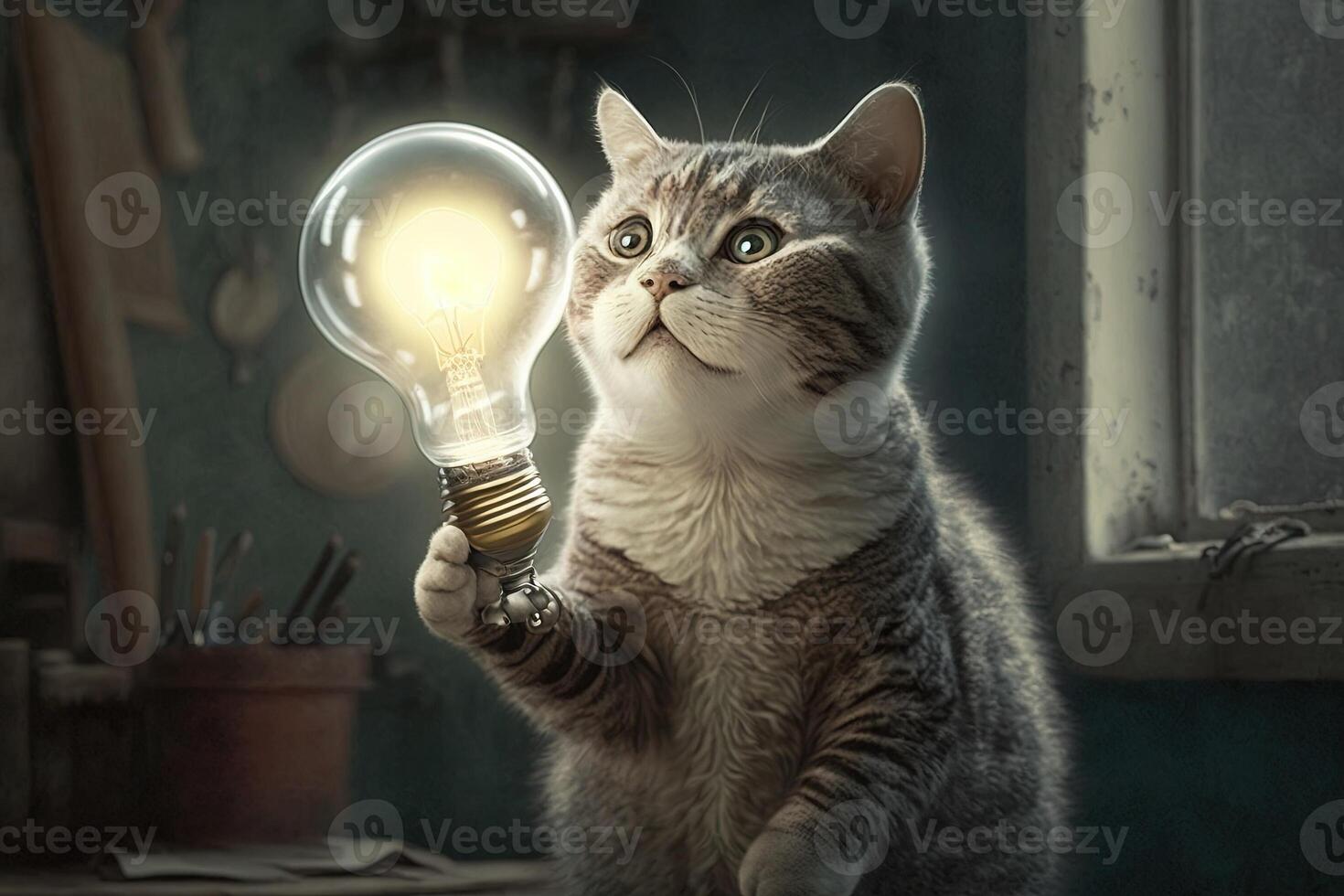 Cat genius with idea bulb lamp light above head illustration photo