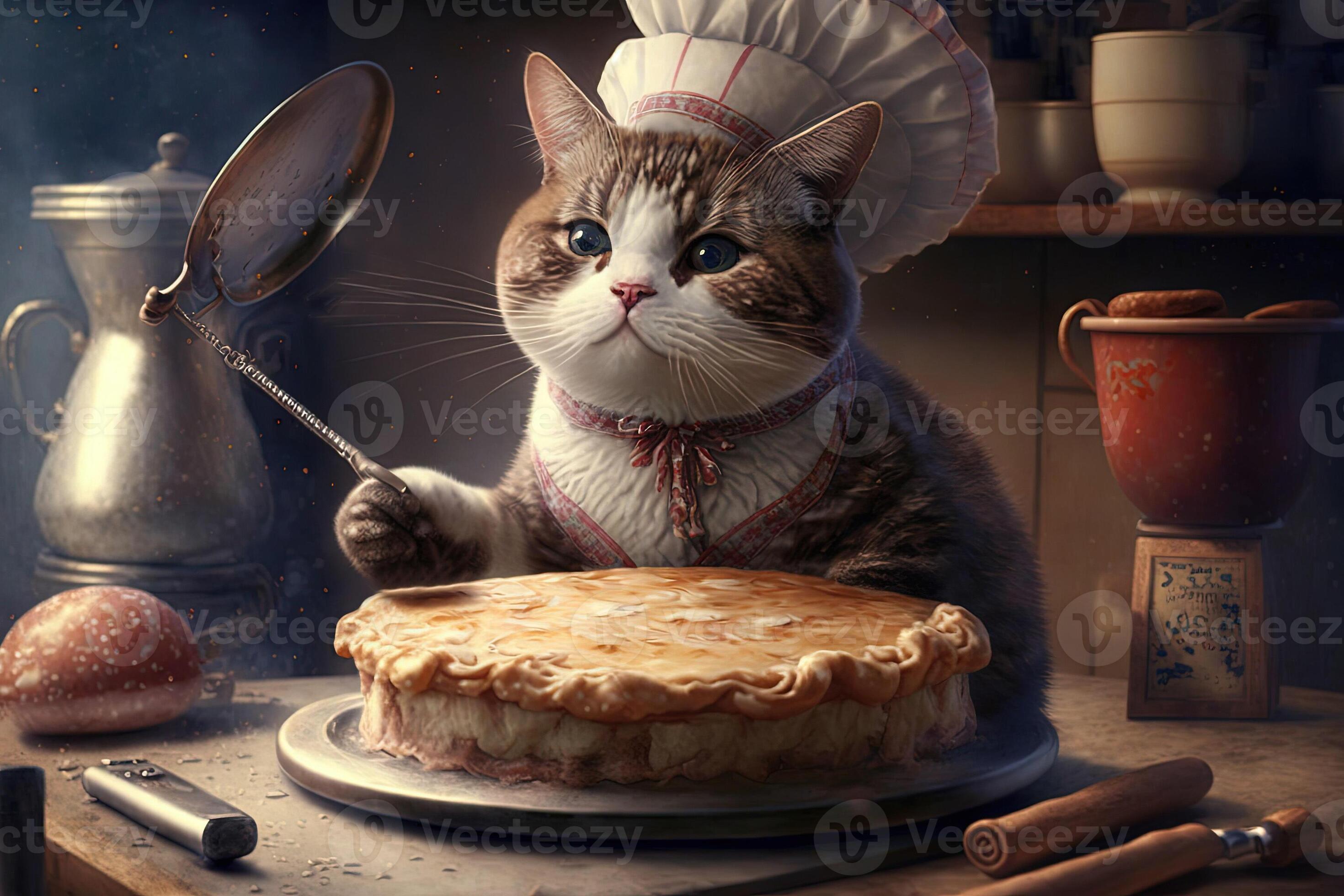 Cat pastry chef patissier in the kitchen preparing cake illustration