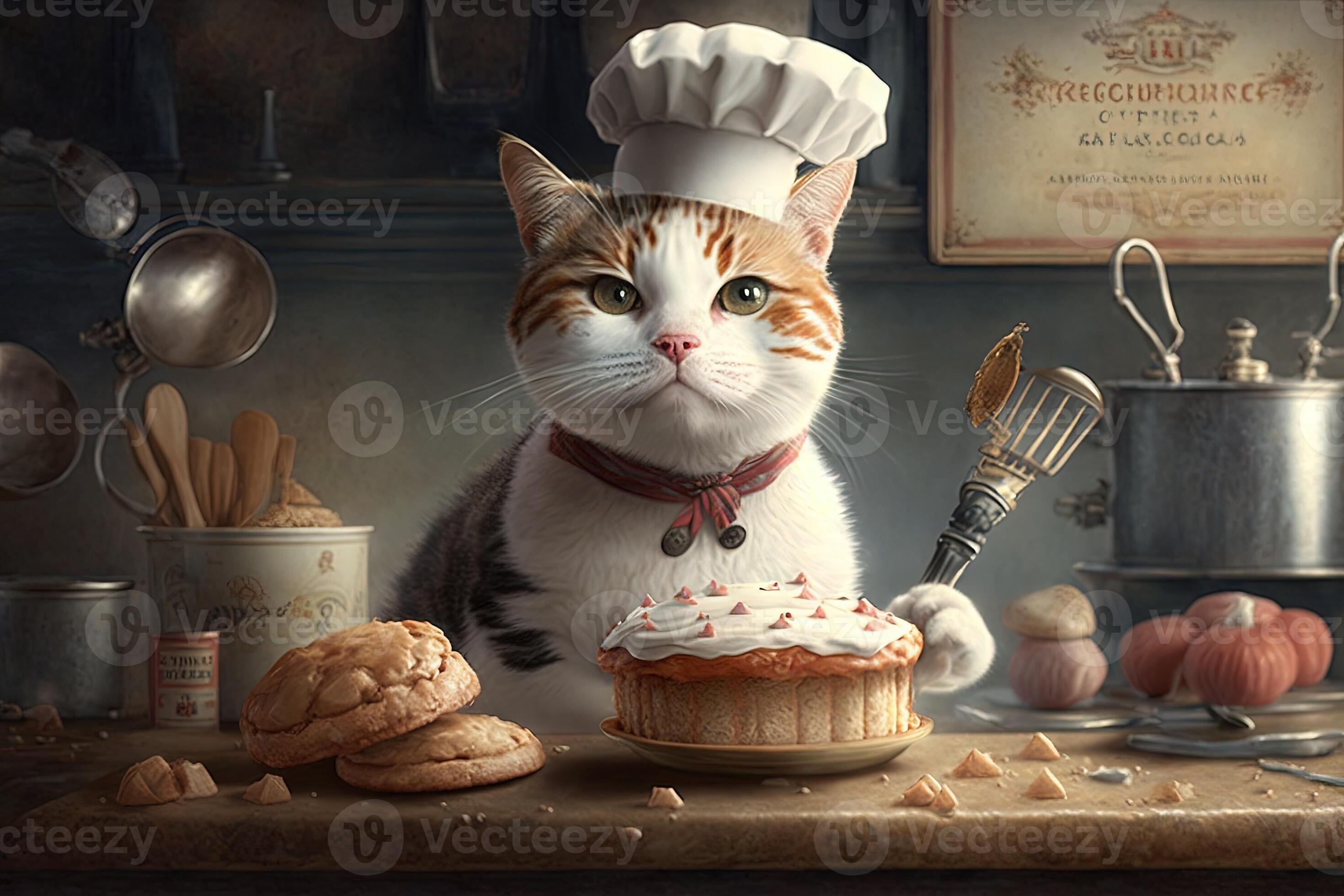 Cat pastry chef patissier in the kitchen preparing cake illustration