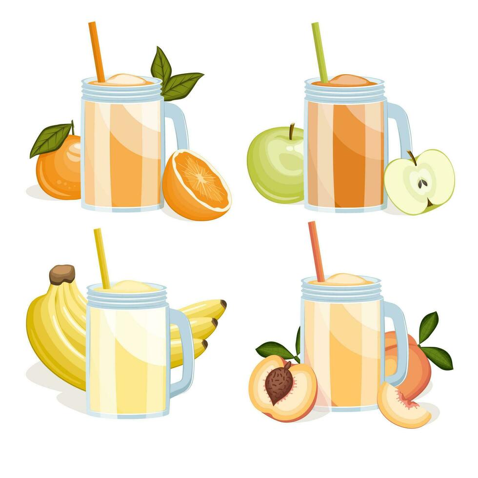 Glasses of fruit juice set isolated on white background. Orange, green apple, banana, peach. Vector illustration