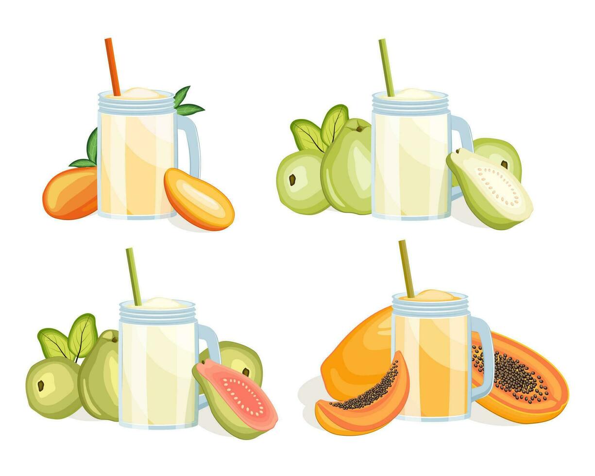 Glasses of fruit juice set isolated on white background. Mango, guava, papaya milkshakes. Vector illustration