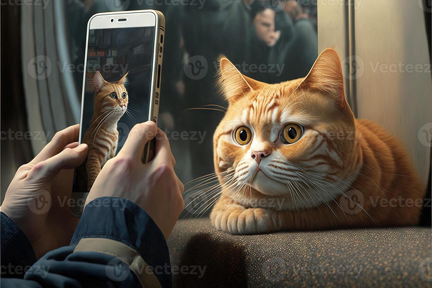cat using smartphone. Concept for pets using technology, or animals imitating humans. illustration photo