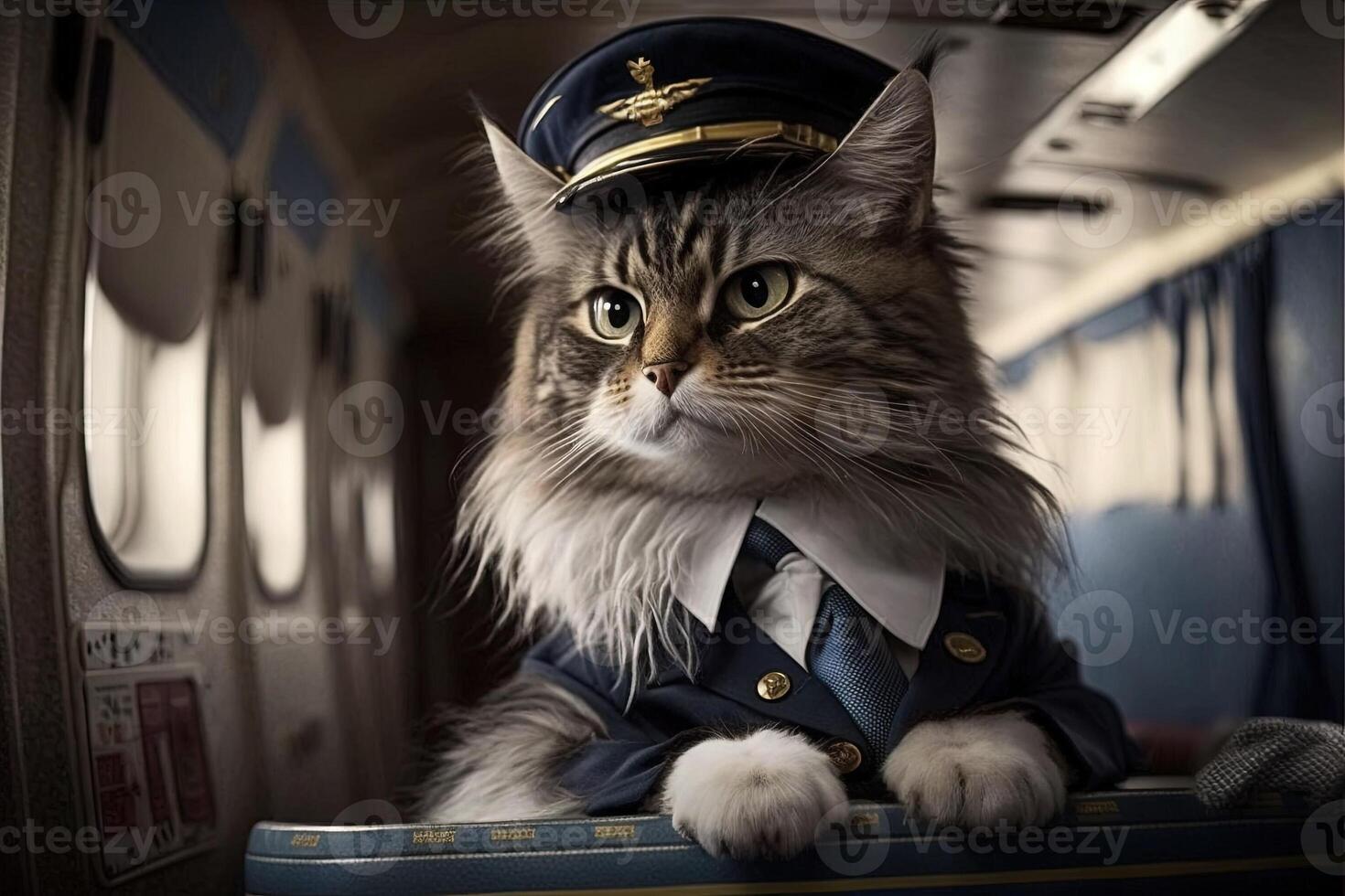 mayordomo gato como vuelo asistente vistiendo anfitriona uniforme dentro avión cabina volador alrededor el mundo ilustración generativo ai foto