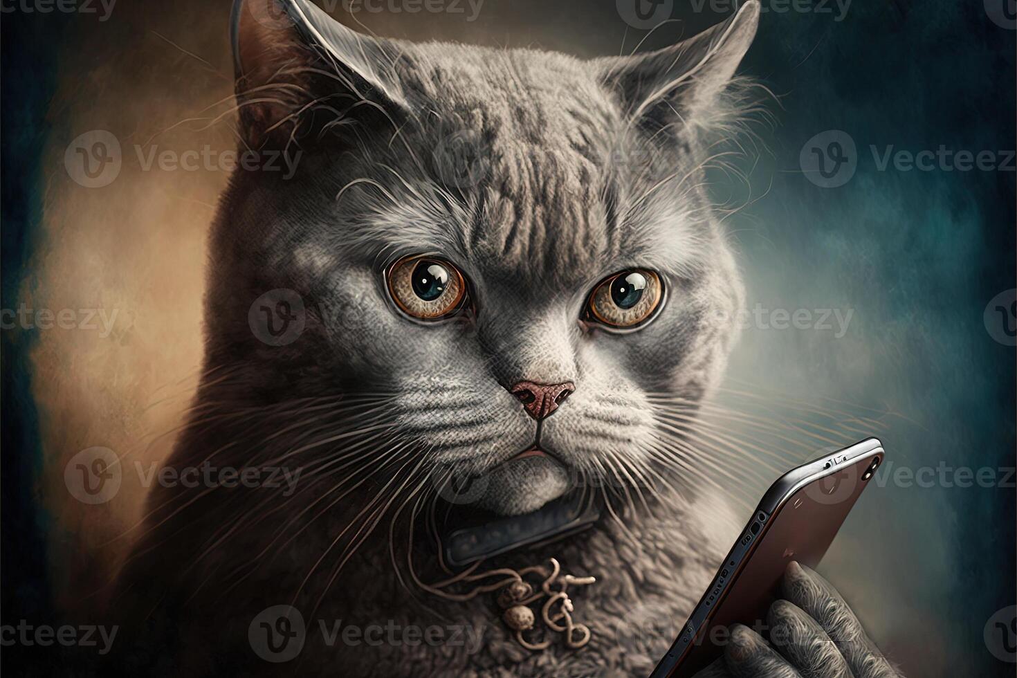 cat using smartphone. Concept for pets using technology, or animals imitating humans. illustration photo