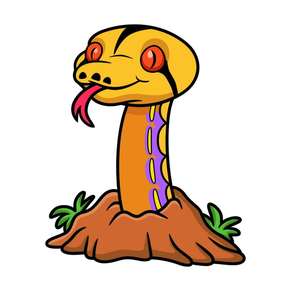 Cute purple albino tiger reticulated python cartoon out from hole vector