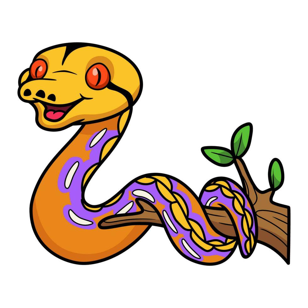 Cute purple albino tiger reticulated python cartoon on tree branch vector