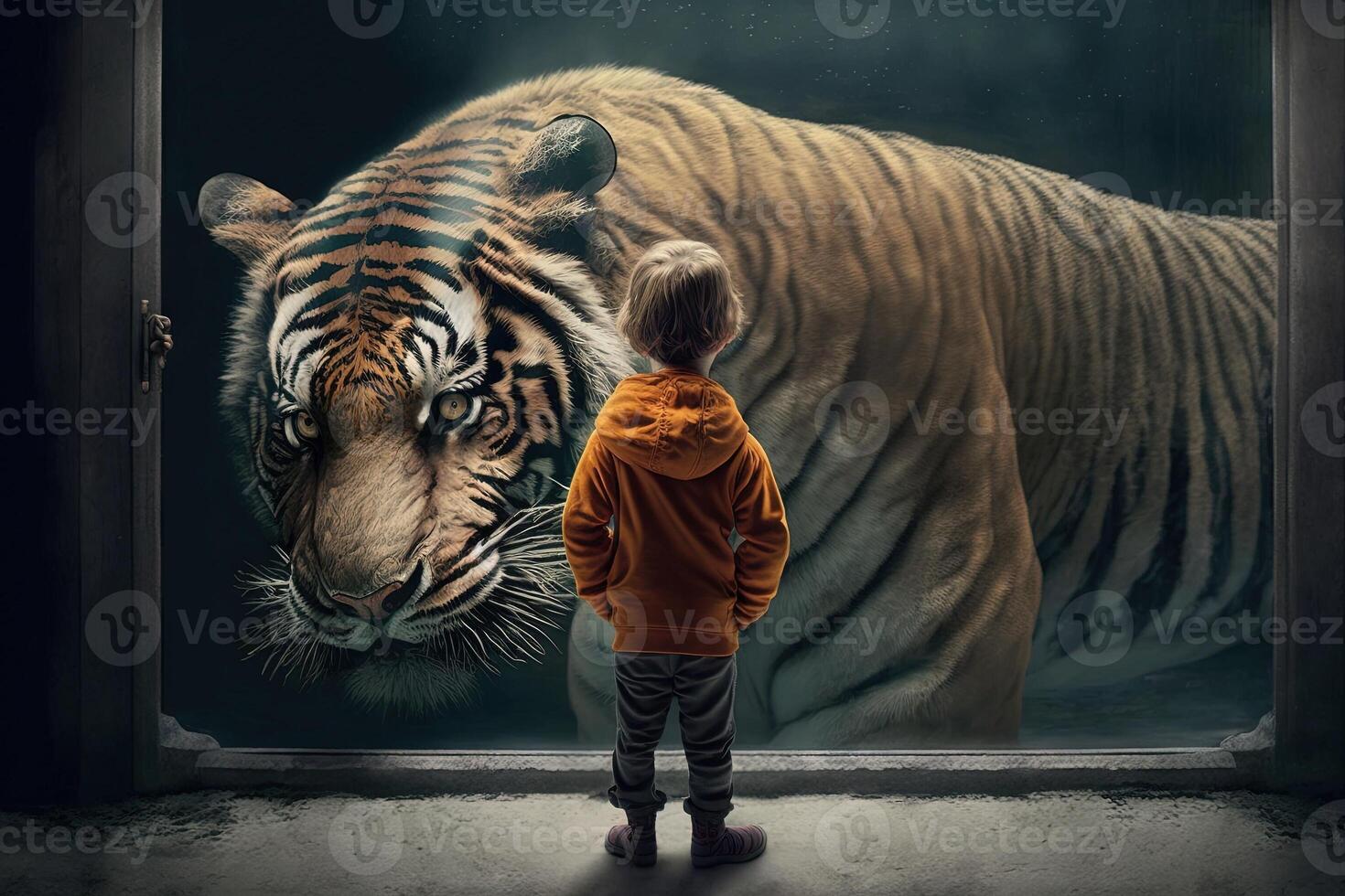 kid facing a tiger illustration photo