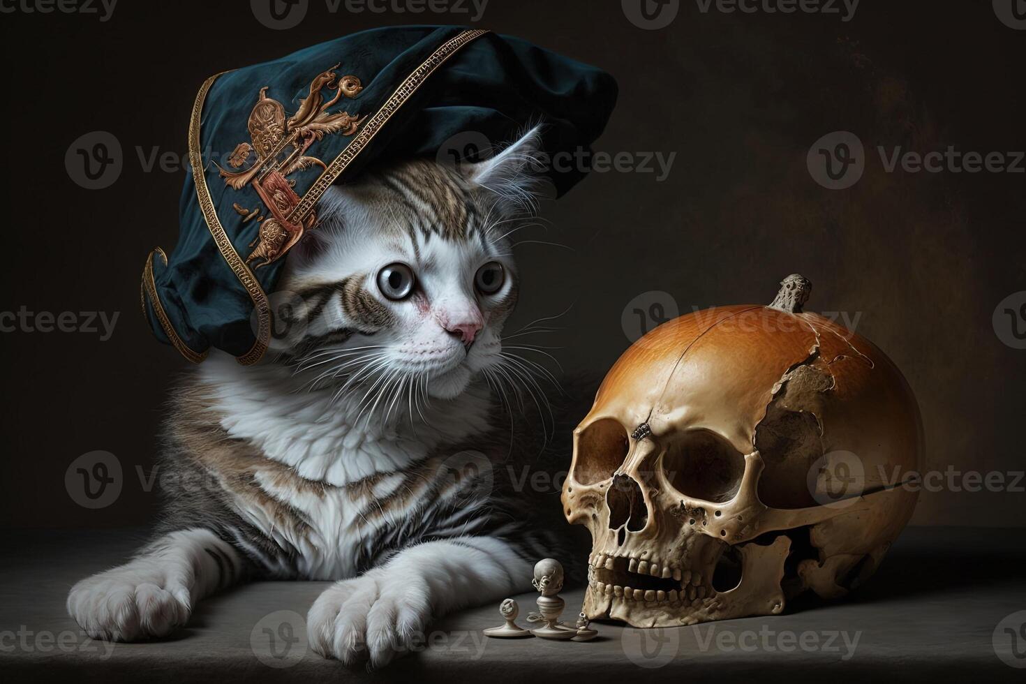 William Shakespeare cat with a skull to be or not to be illustration photo