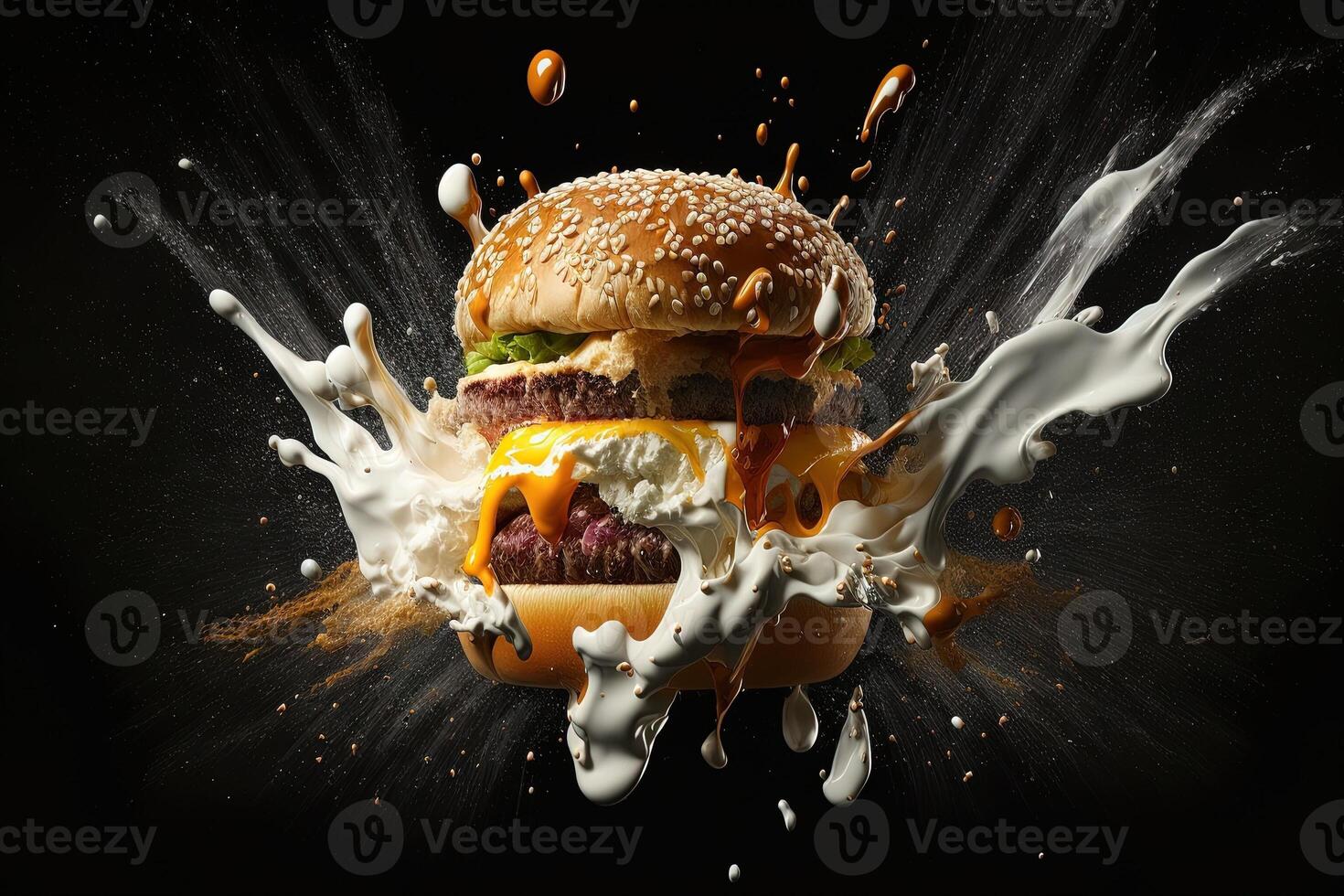 Delicious burger exploding in front of the camera with floating ingredients on black background illustration photo