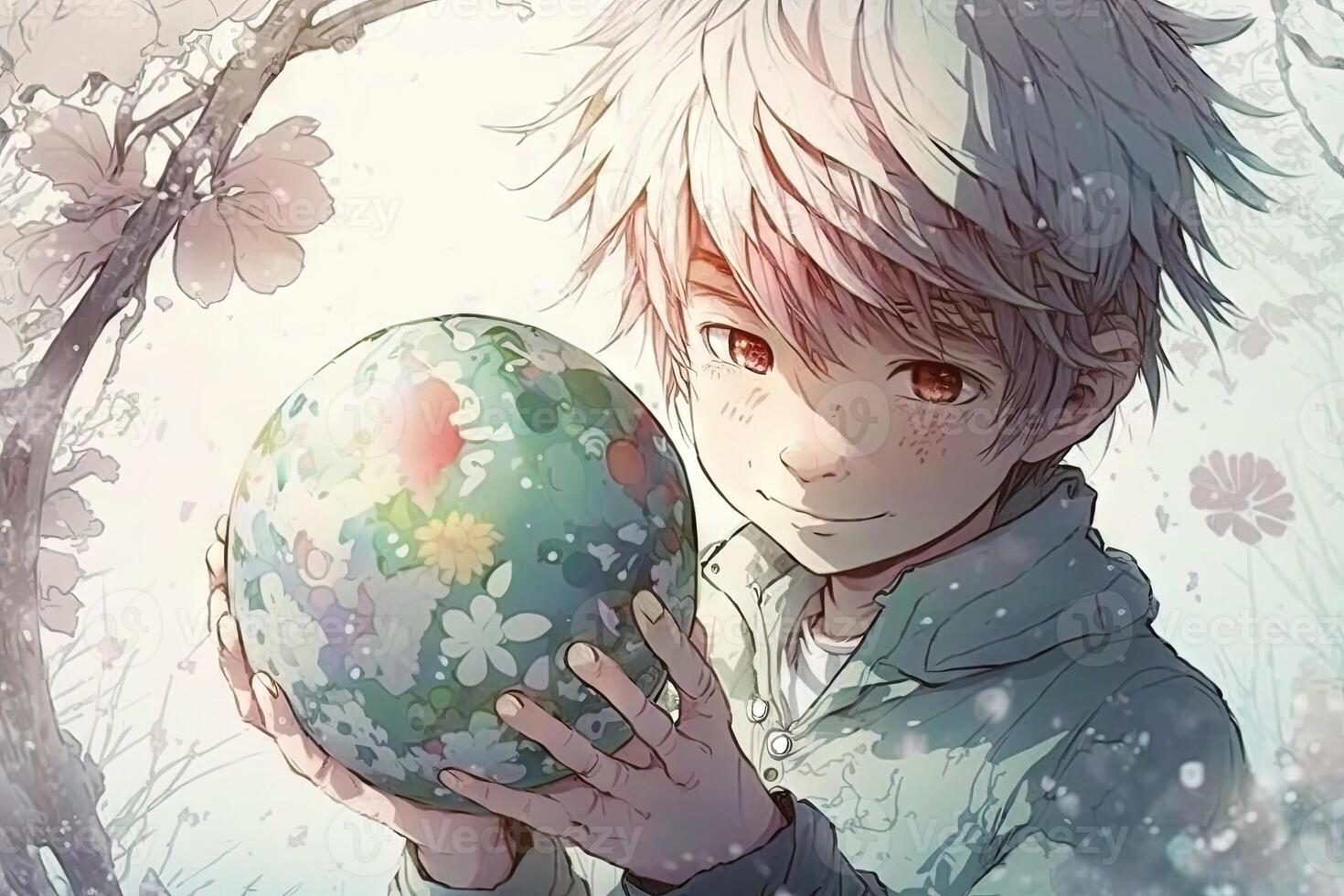 Child holding a pastel - colored Easter egg, with a blurred background of other eggs and flowers, manga style illustration photo