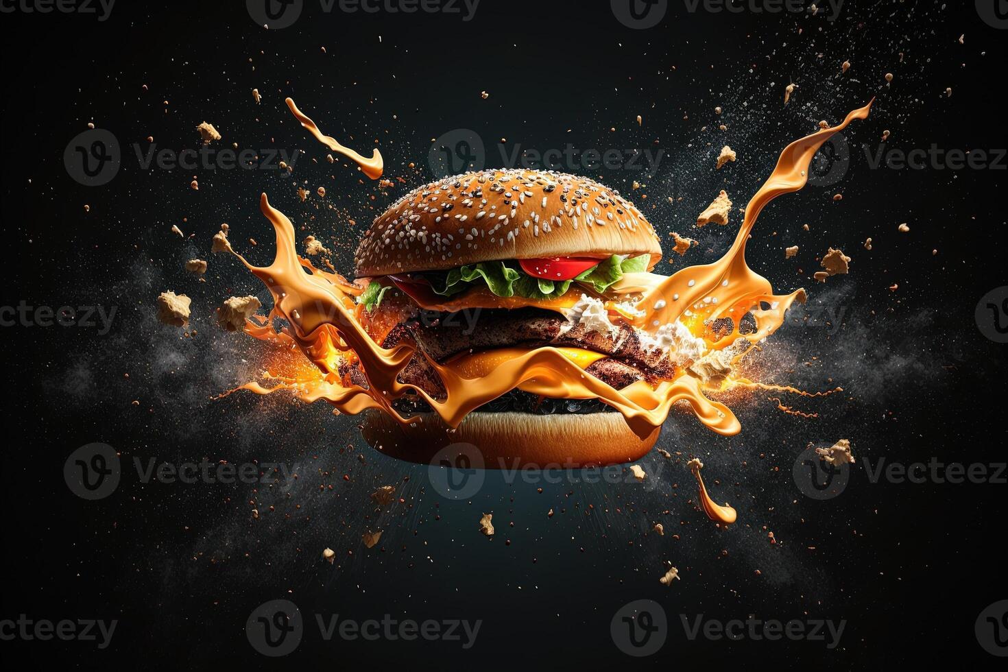 Delicious burger exploding in front of the camera with floating ingredients on black background illustration photo