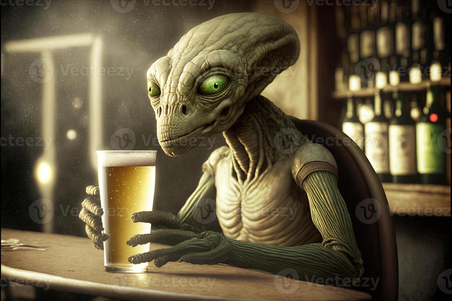 alien drinking a beer photo