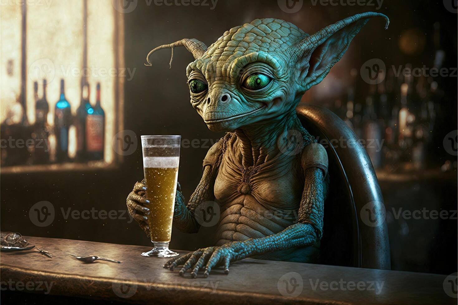 alien drinking a beer photo