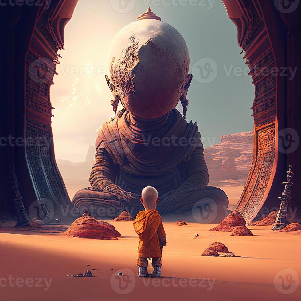 baby buddhist monk praying in front of buddah statue illustration photo