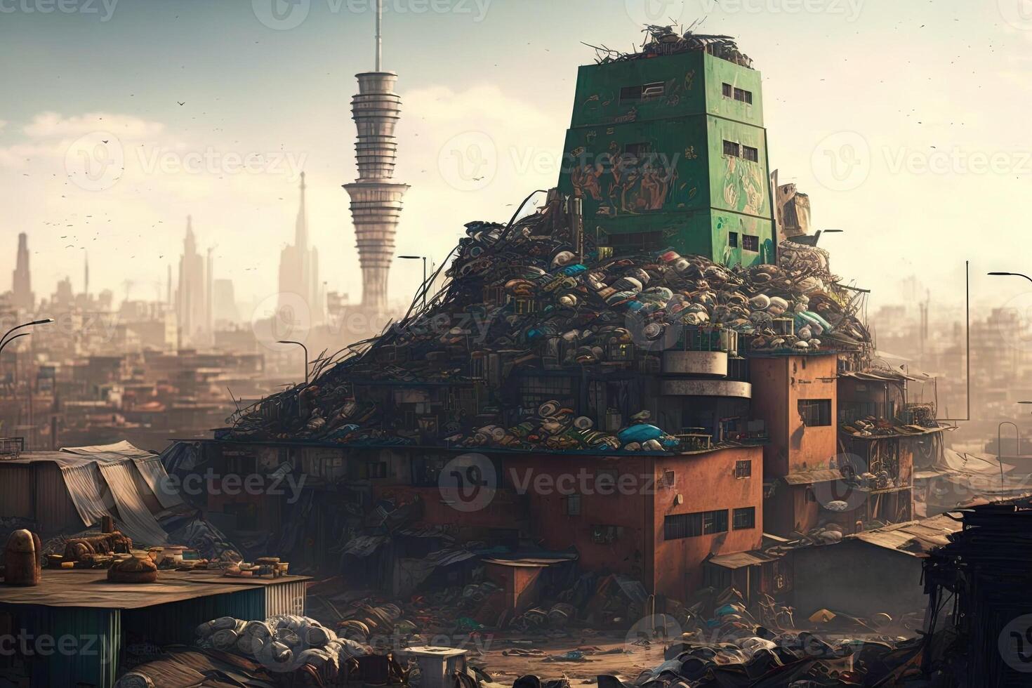 City where buildings and skyscrapers are made out of garbage illustration photo