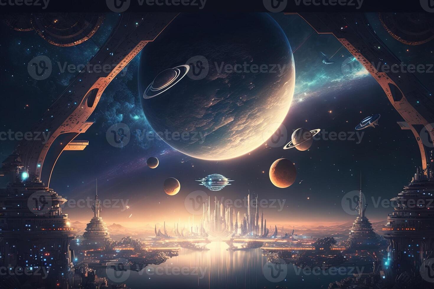 city floating in space with habitats connected by bridges and space elevators, and surrounded by stars and other celestial objects illustration photo