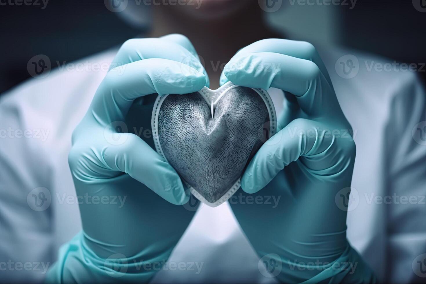 detail of Doctor hands wearing gloves holding heart in hand, heart care concept illustration photo