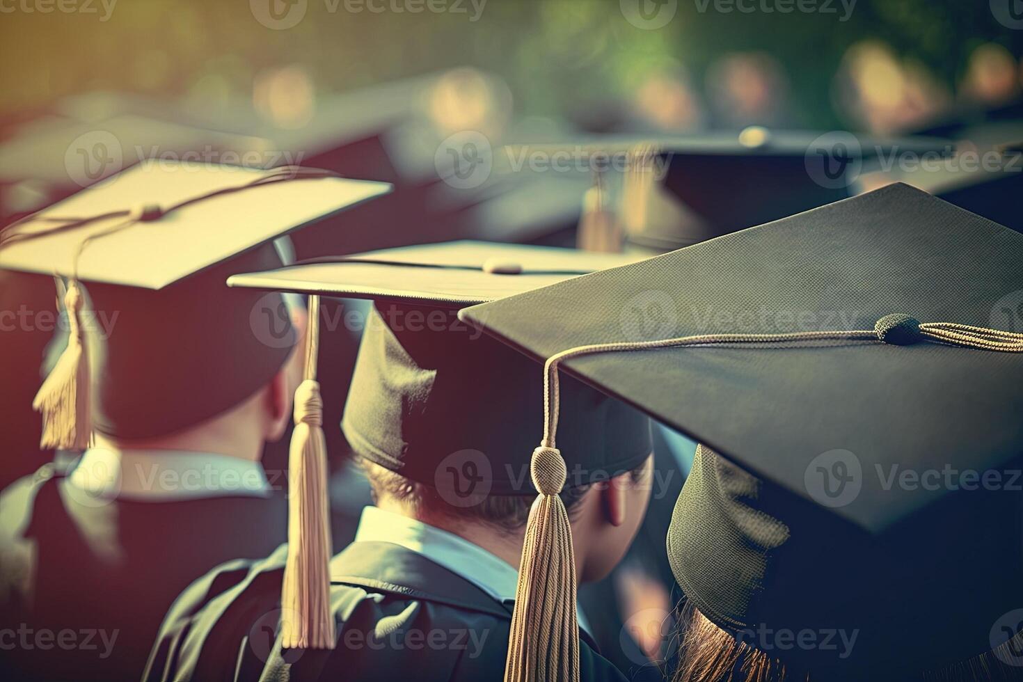 group of graduates during commencement at the college close up at graduate cap illustration photo