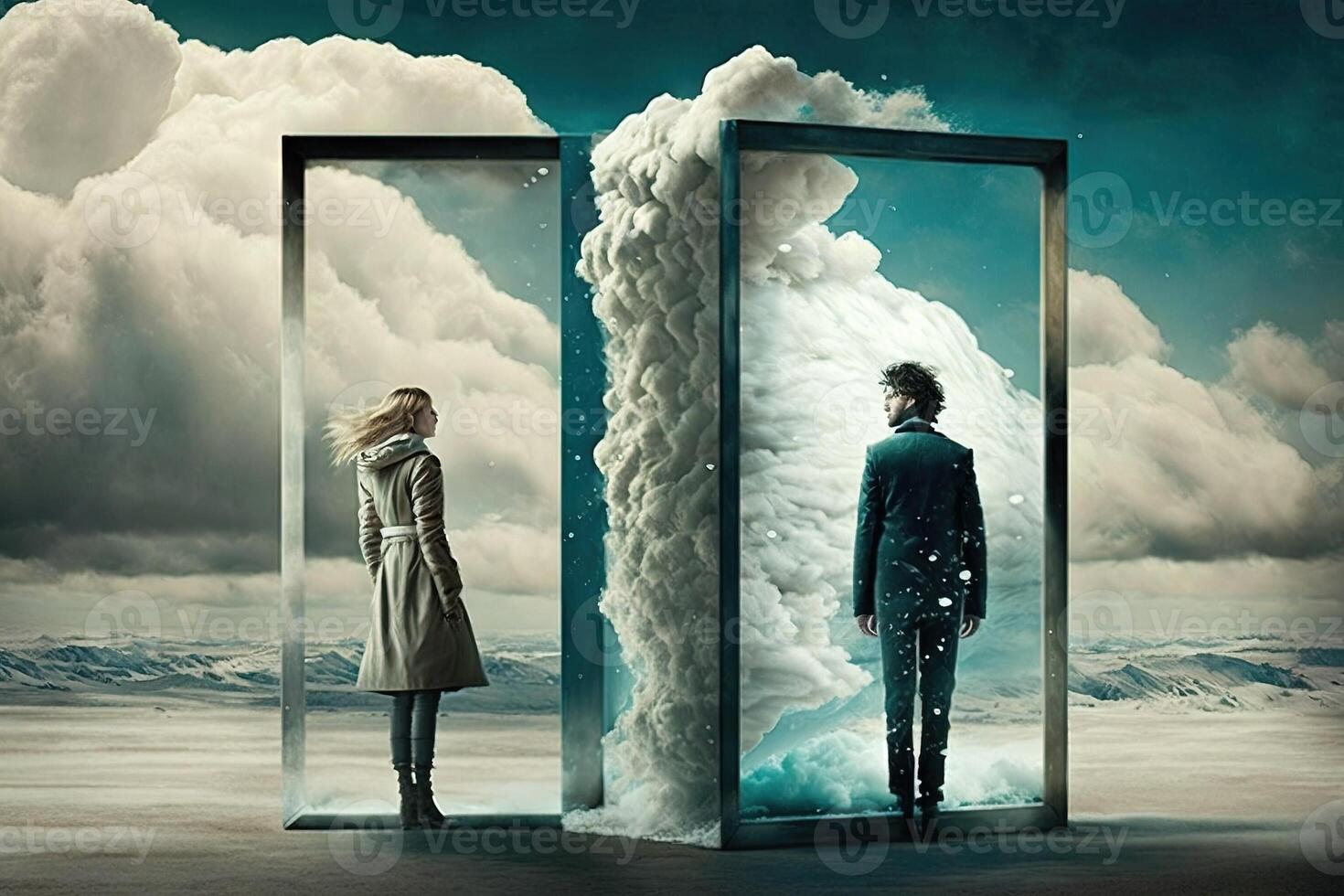 man and woman observing cloud atlas abstract concept illustration photo