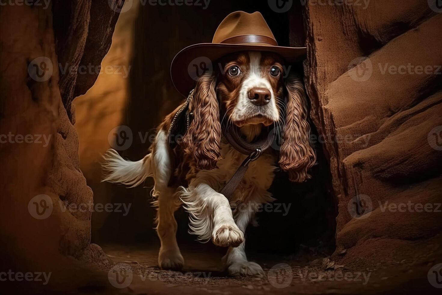 cocker spaniel Dog archeologist with hat and whip escaping from danger illustration photo