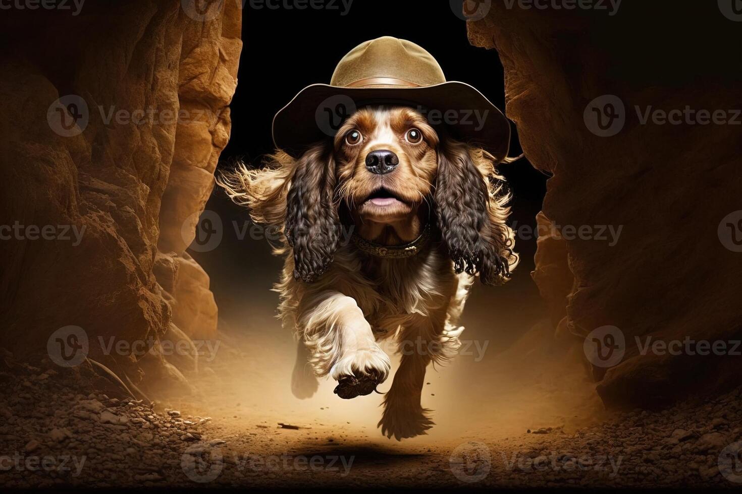 cocker spaniel Dog archeologist with hat and whip escaping from danger illustration photo