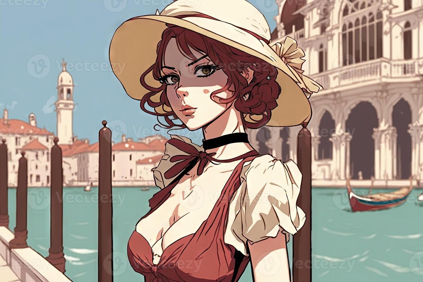 Beautiful anime manga girl in Venice Italy illustration photo