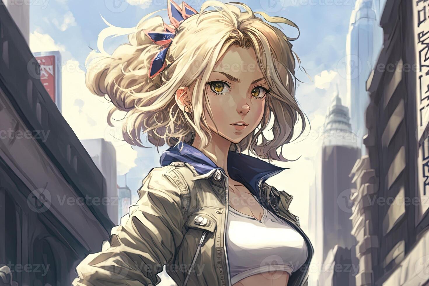 hermosa anime manga niña en nuevo York ciudad ilustración generativo ai foto