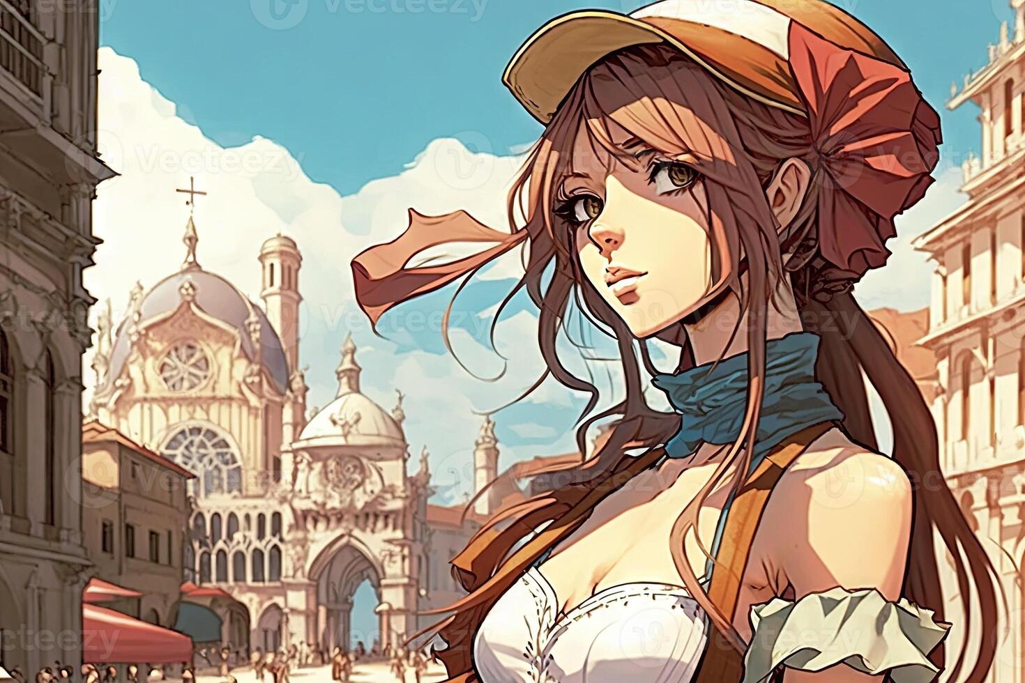 Beautiful anime manga girl in Venice Italy illustration photo