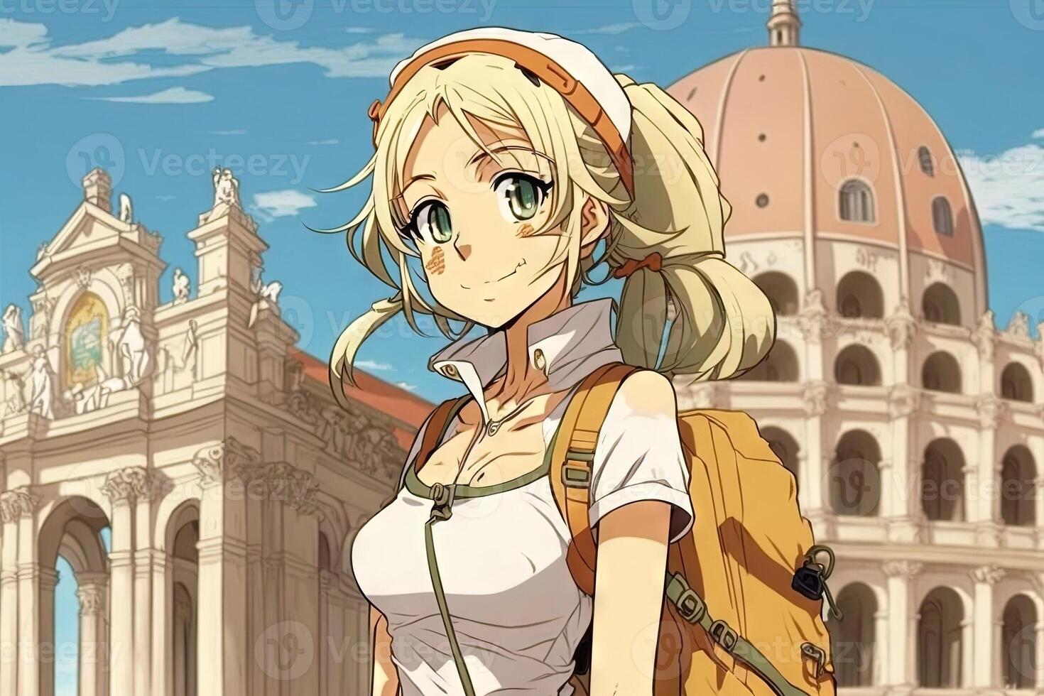 Beautiful anime manga girl in Pisa Leaning Tower town Italy illustration photo