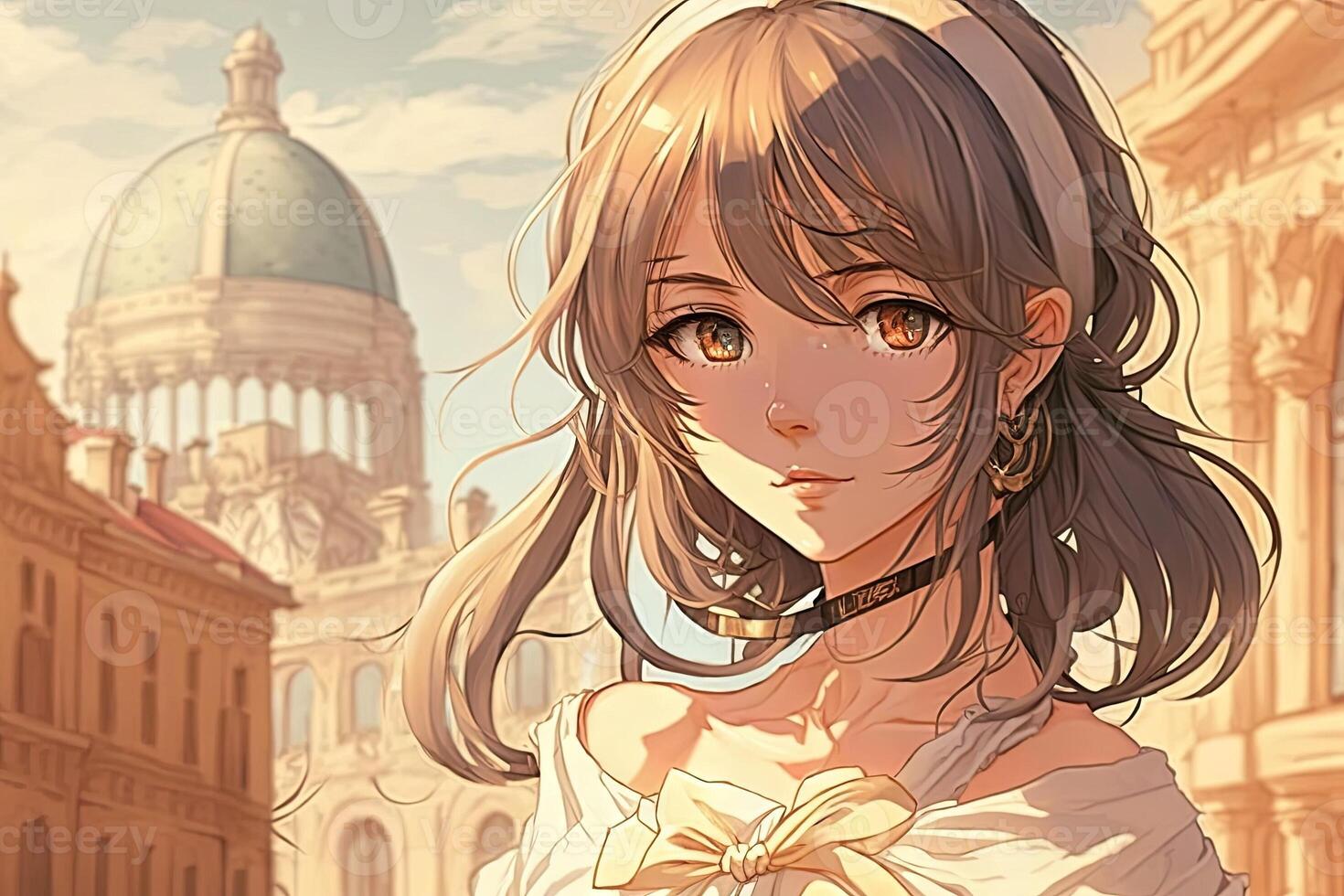 Beautiful anime manga girl in Rome Italy illustration photo