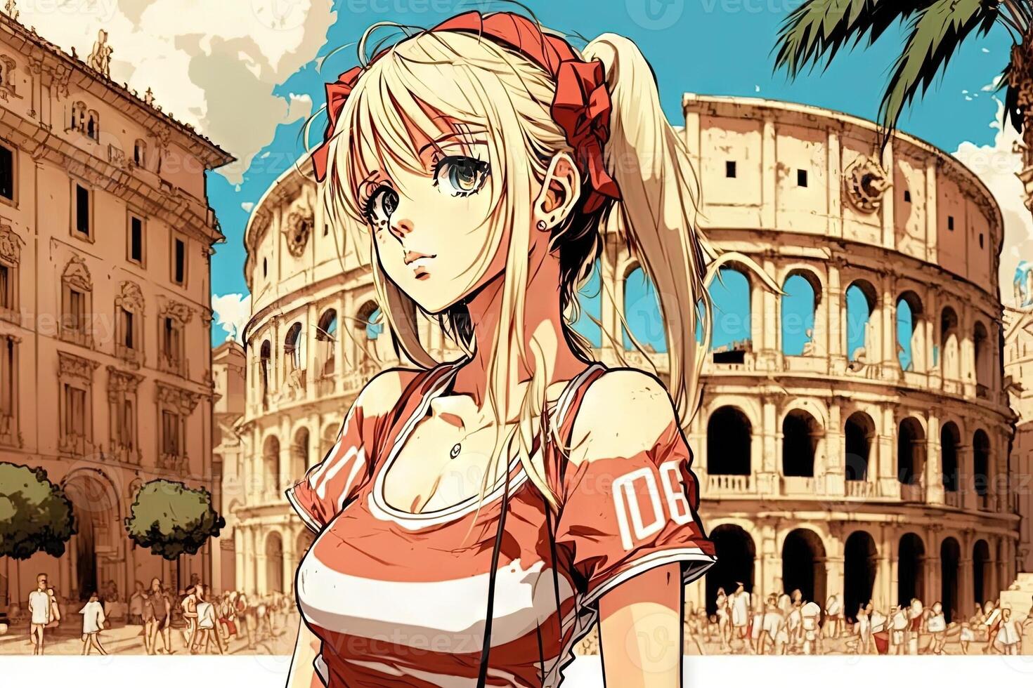 hermosa anime manga niña en Roma Italia ilustración generativo ai foto