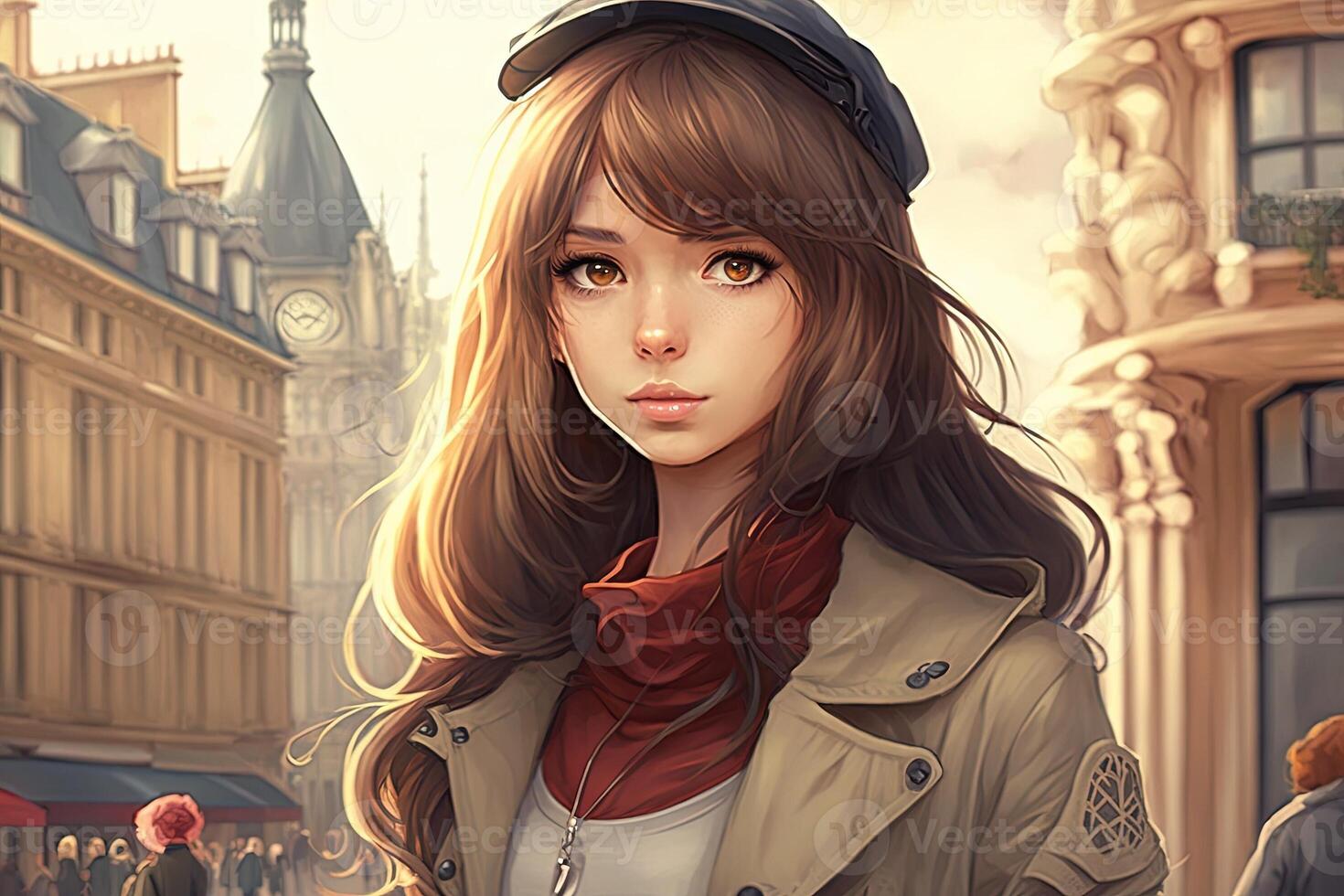 hermosa anime manga niña en París ilustración generativo ai foto