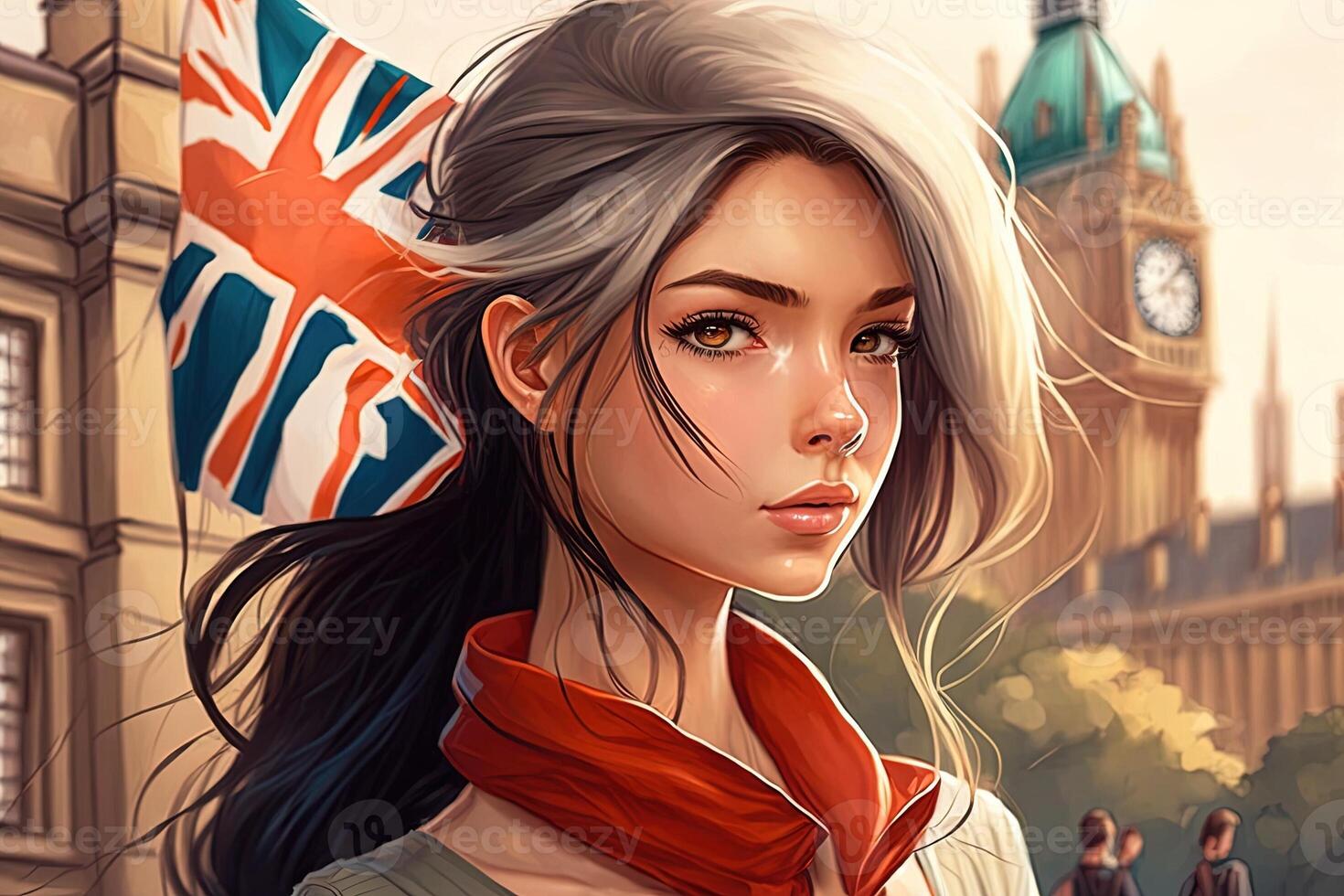 hermosa anime manga niña en Londres ilustración generativo ai foto