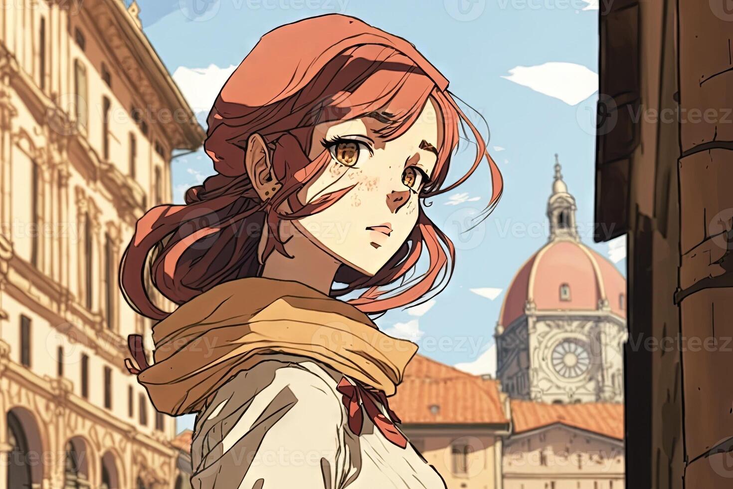 Beautiful anime manga girl in Florence Italy illustration photo