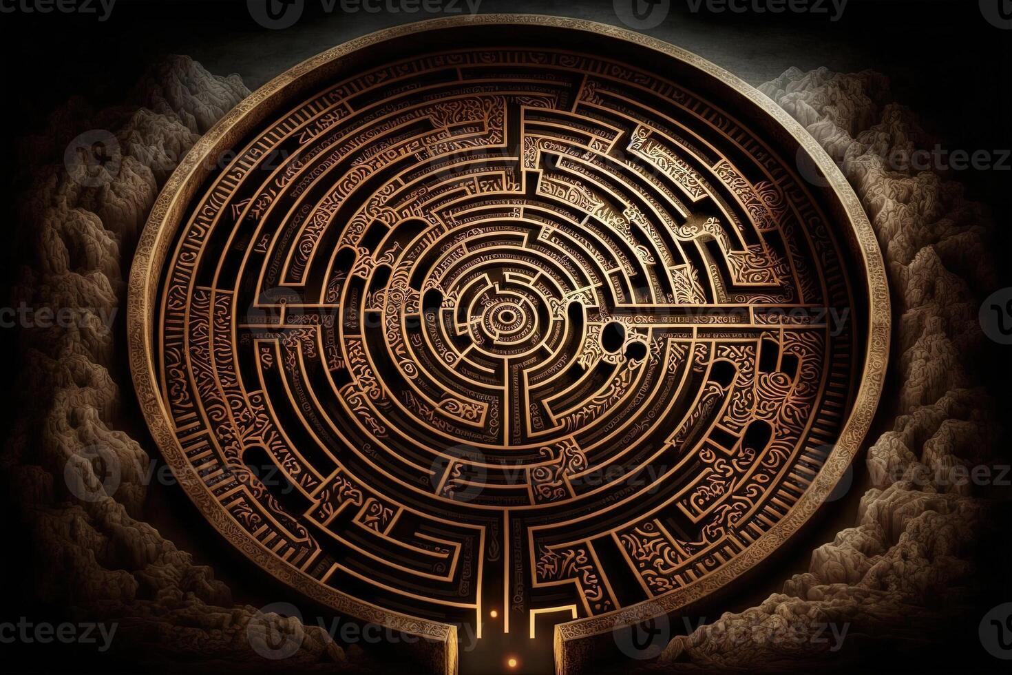 Circular maze Labyrinth, with arrows pointing towards a goal or destination, symbolizing the journey of life or personal growt illustration photo