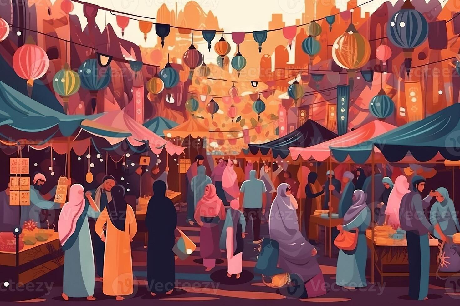 vistoso Ramadán kareem bazar, con vendedores de venta todo desde tradicional textiles a hecho a mano artesanía y dulces, manga estilo ilustración generativo ai foto