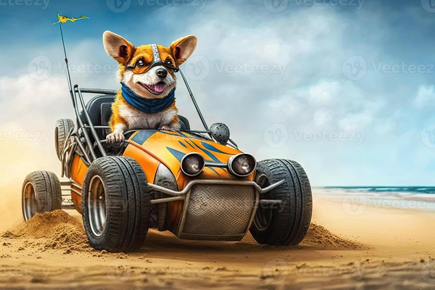 Crazy dog driving dune buggy on the sandy beach illustration photo
