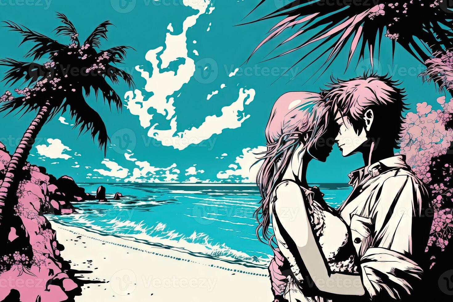 Romantic couple kissing on the beach, manga style illustration photo