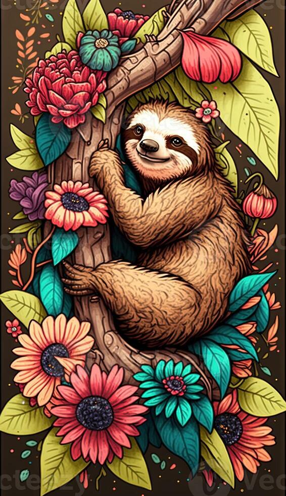 cute and whimsical sloth hanging from a tree branch, surrounded by vibrant flowers smartphone phone background lock screen wallpaper illustration photo