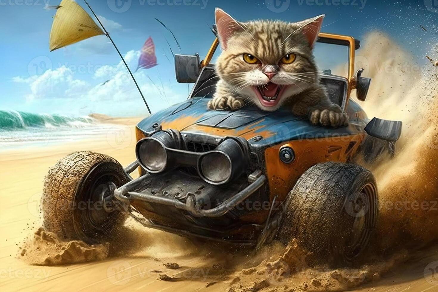 Crazy cat driving dune buggy on the sandy beach illustration photo