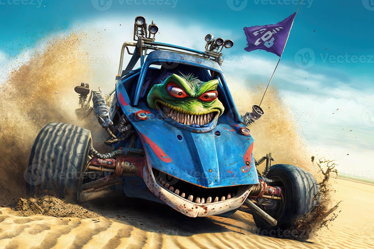Crazy frog driving dune buggy on the sandy beach illustration photo