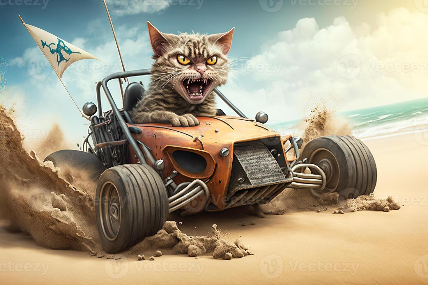 Crazy cat driving dune buggy on the sandy beach illustration photo