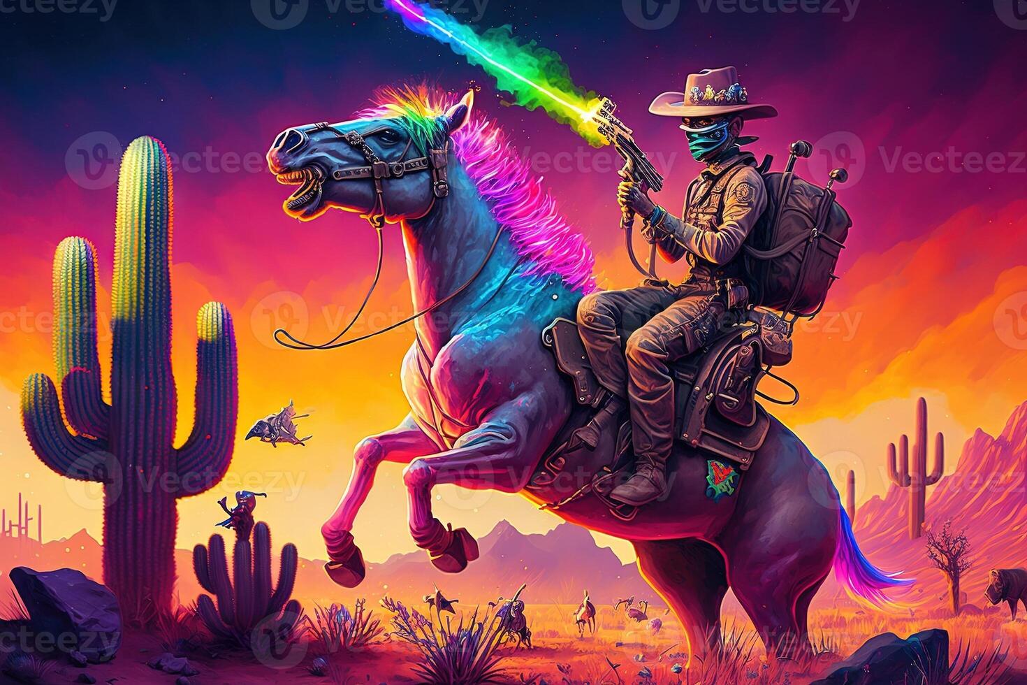 cowboy rainbow gun shooting laser in the cactus desert illustration photo