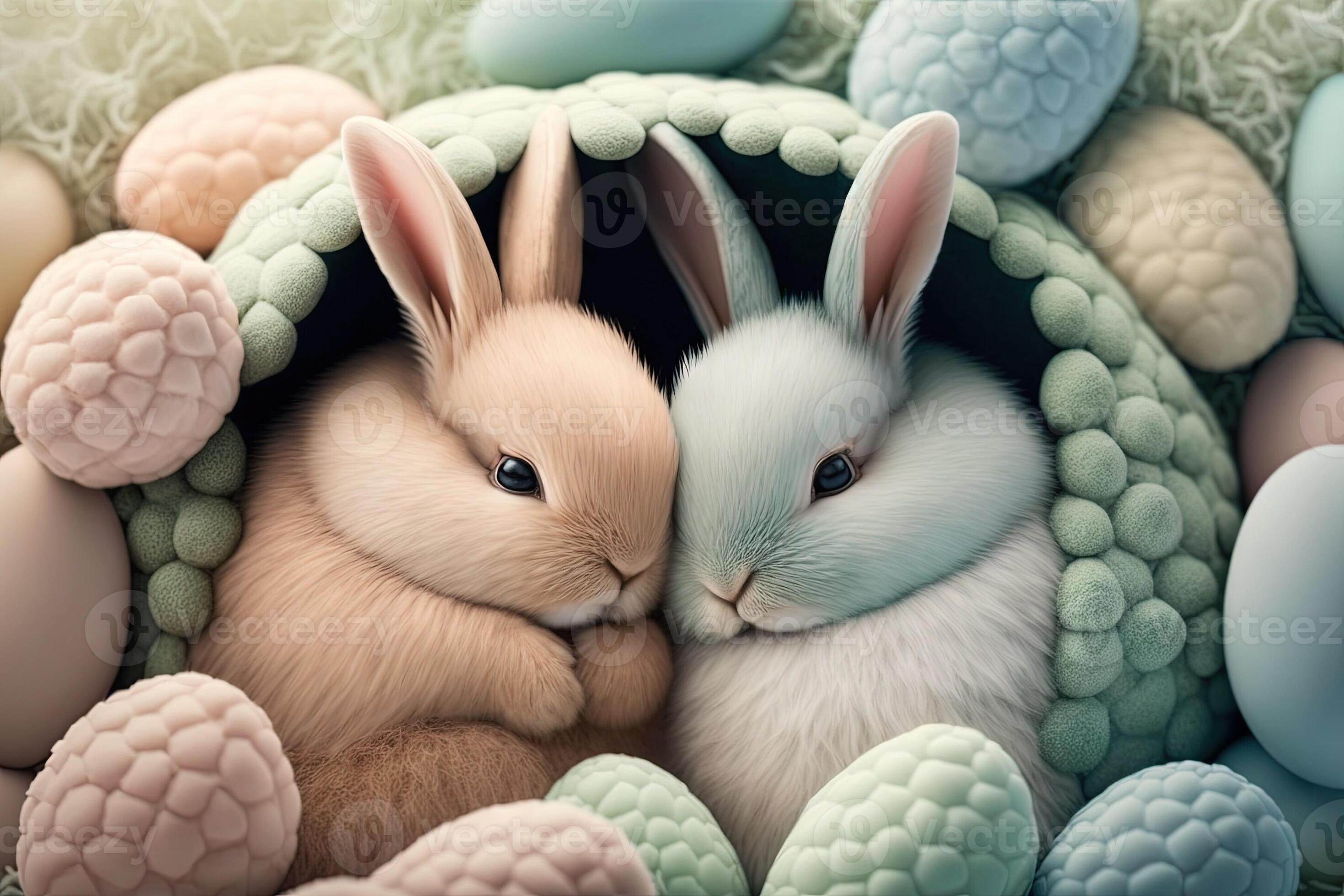 Cute bunnies cuddled up together, surrounded by pastel colored Easter