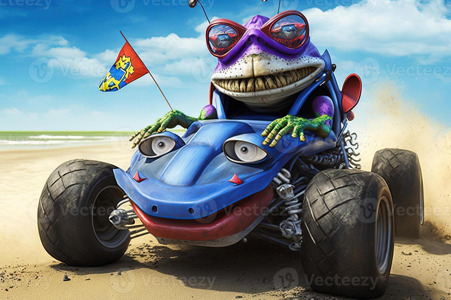 Crazy frog driving dune buggy on the sandy beach illustration photo