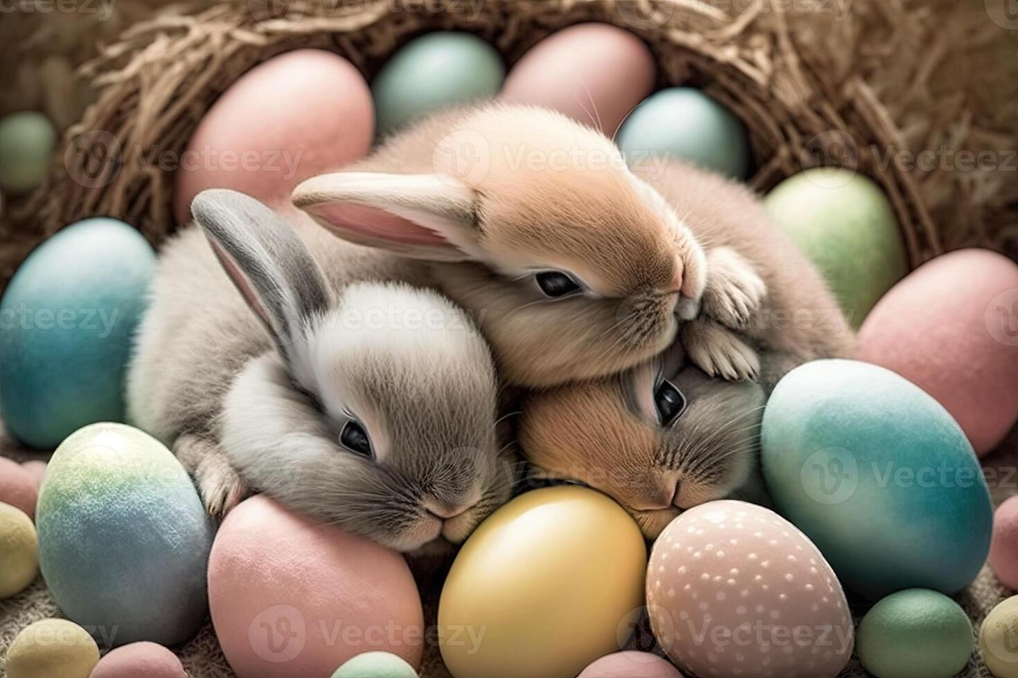 Cute bunnies cuddled up together, surrounded by pastel - colored Easter eggs Easter illustration photo