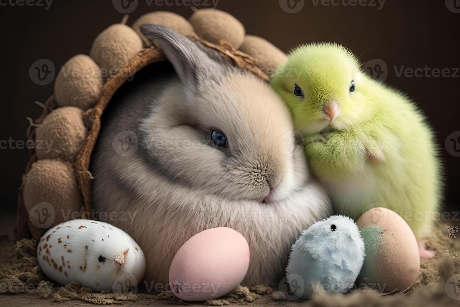 Cute bunny and chick cuddled up together, surrounded by pastel - colored Easter eggs Easter illustration photo